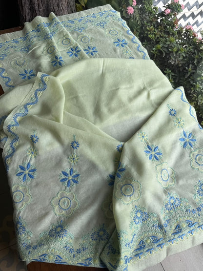 Olive Green & Blue Shade Saman Pashmina Fine Chikankari Shawl