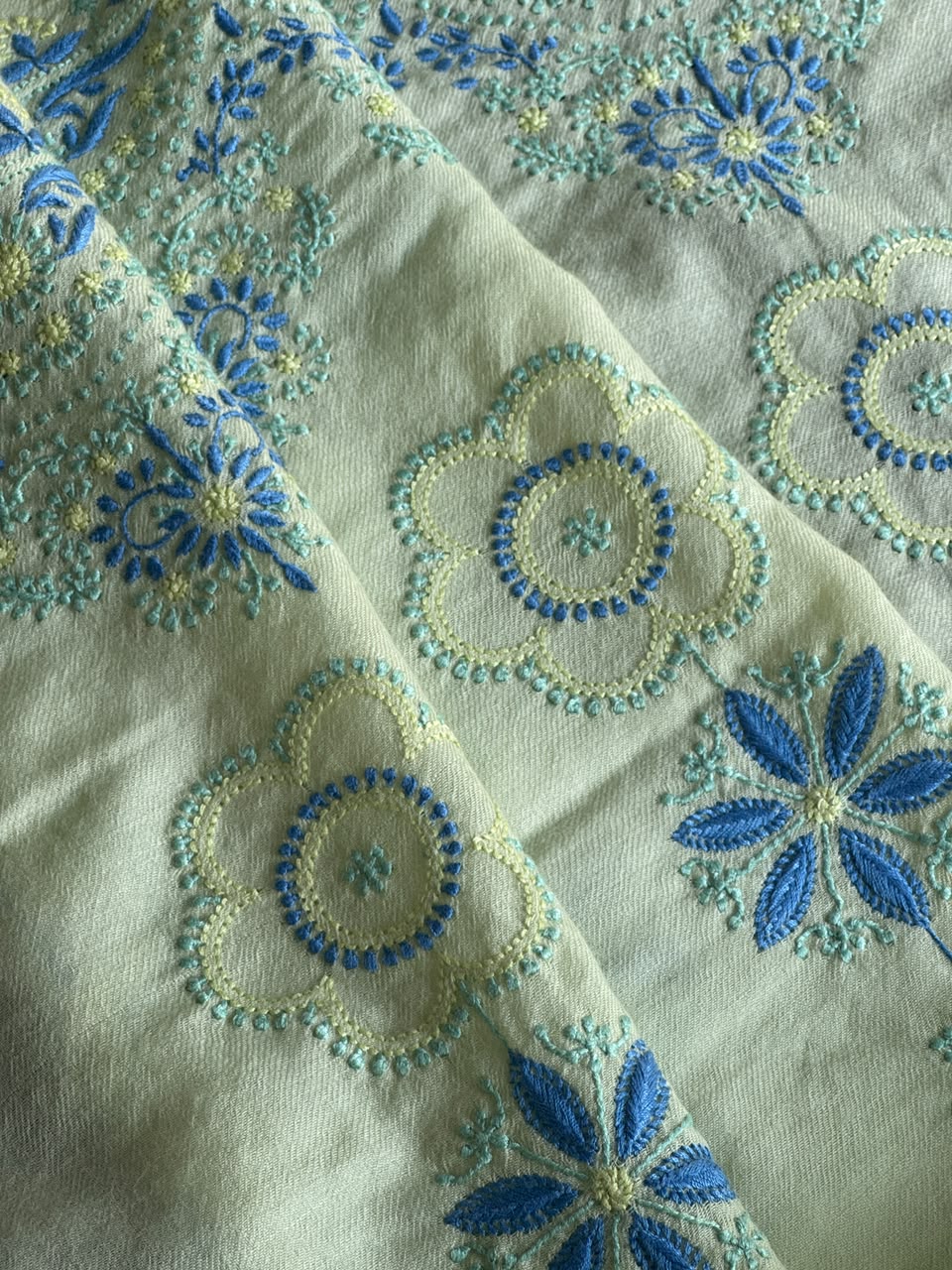 Olive Green & Blue Shade Saman Pashmina Fine Chikankari Shawl