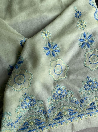 Olive Green & Blue Shade Saman Pashmina Fine Chikankari Shawl