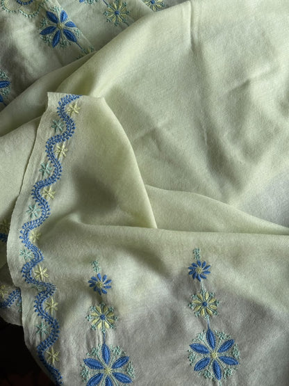 Olive Green & Blue Shade Saman Pashmina Fine Chikankari Shawl