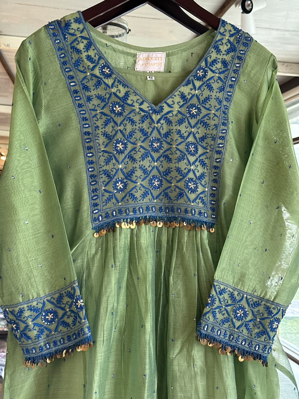Olive Green & Blue Sico (Silk Cotton) Chikankari Tux Kurta Set