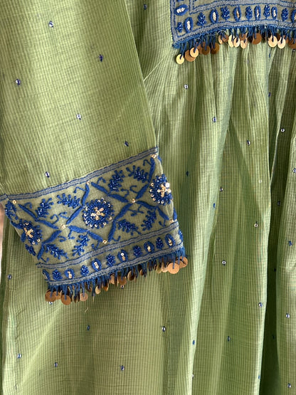 Olive Green & Blue Sico (Silk Cotton) Chikankari Tux Kurta Set