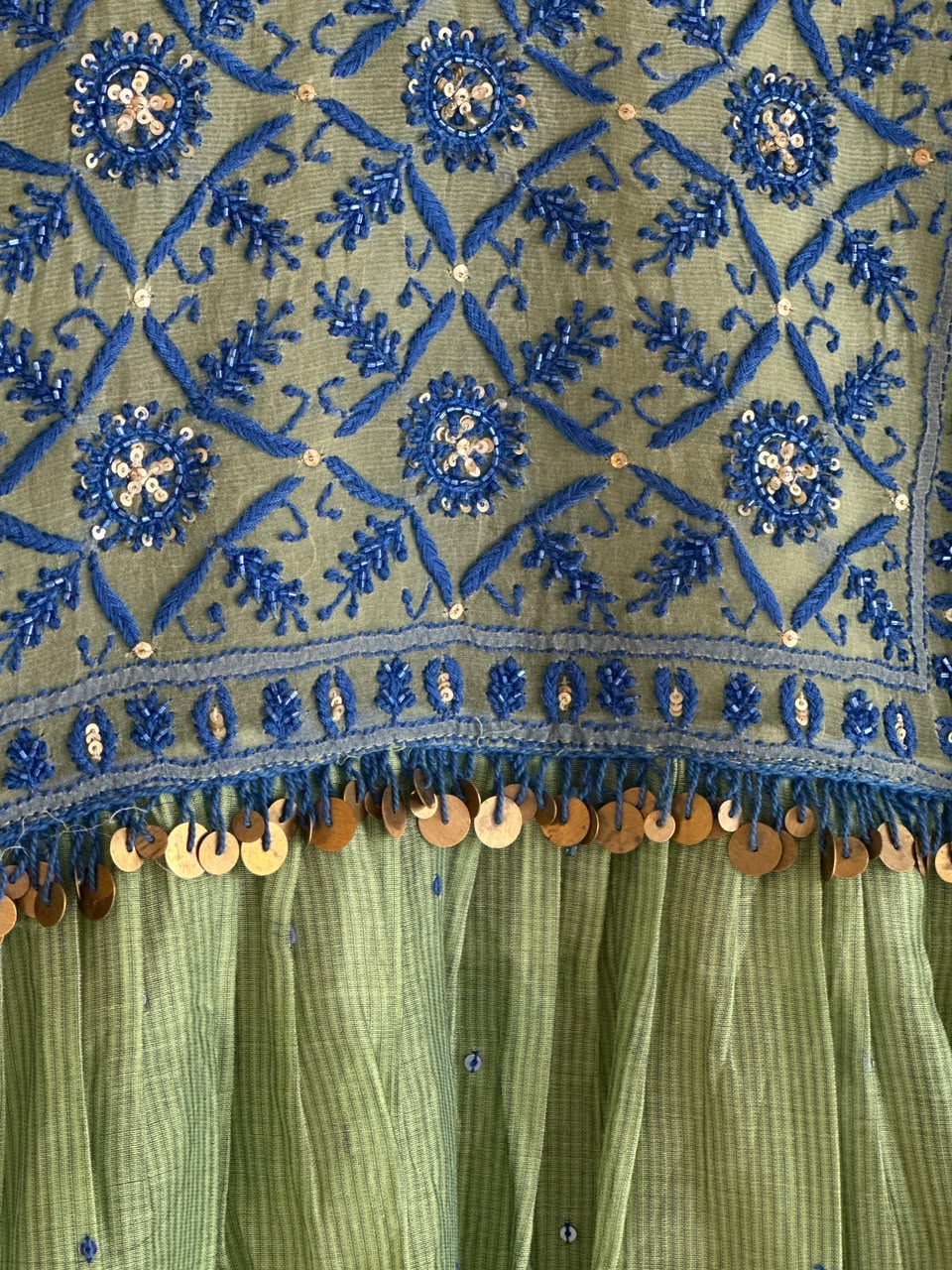 Olive Green & Blue Sico (Silk Cotton) Chikankari Tux Kurta Set