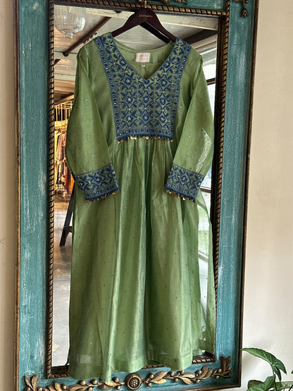 Olive Green & Blue Sico (Silk Cotton) Chikankari Tux Kurta Set
