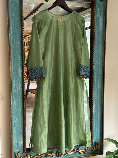 Olive Green & Blue Sico (Silk Cotton) Chikankari Tux Kurta Set