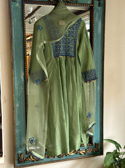 Olive Green & Blue Sico (Silk Cotton) Chikankari Tux Kurta Set