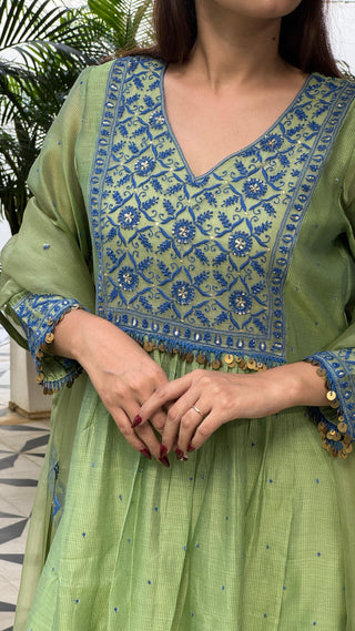 Olive Green & Blue Sico (Silk Cotton) Chikankari Tux Kurta Set