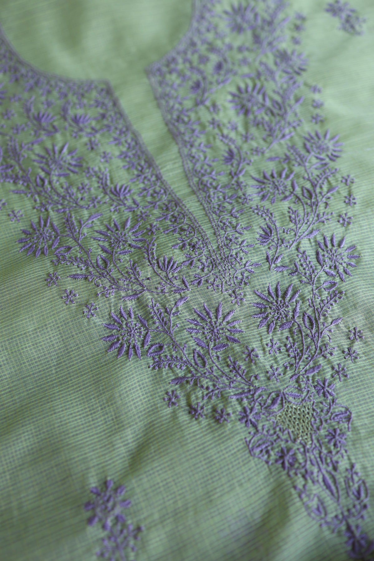 Olive Green & Lavender Shade Kota Chikankari Unstitched Suit Fabric
