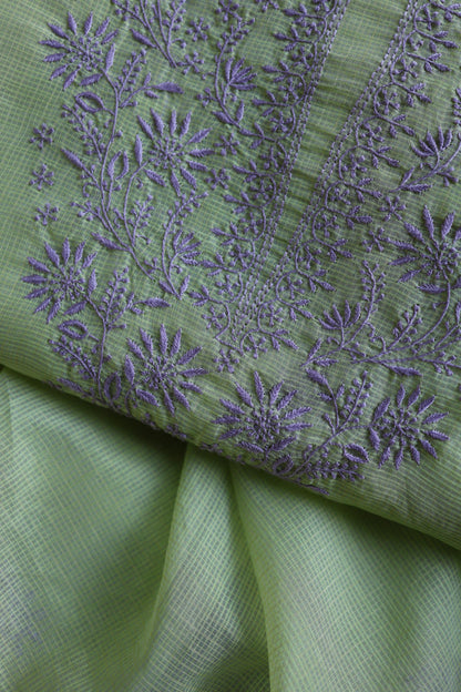 Olive Green & Lavender Shade Kota Chikankari Unstitched Suit Fabric