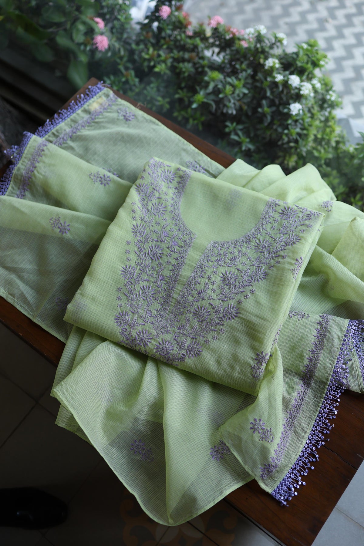 Olive Green & Lavender Shade Kota Chikankari Unstitched Suit Fabric