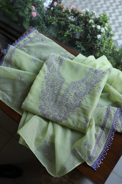 Olive Green & Lavender Shade Kota Chikankari Unstitched Suit Fabric