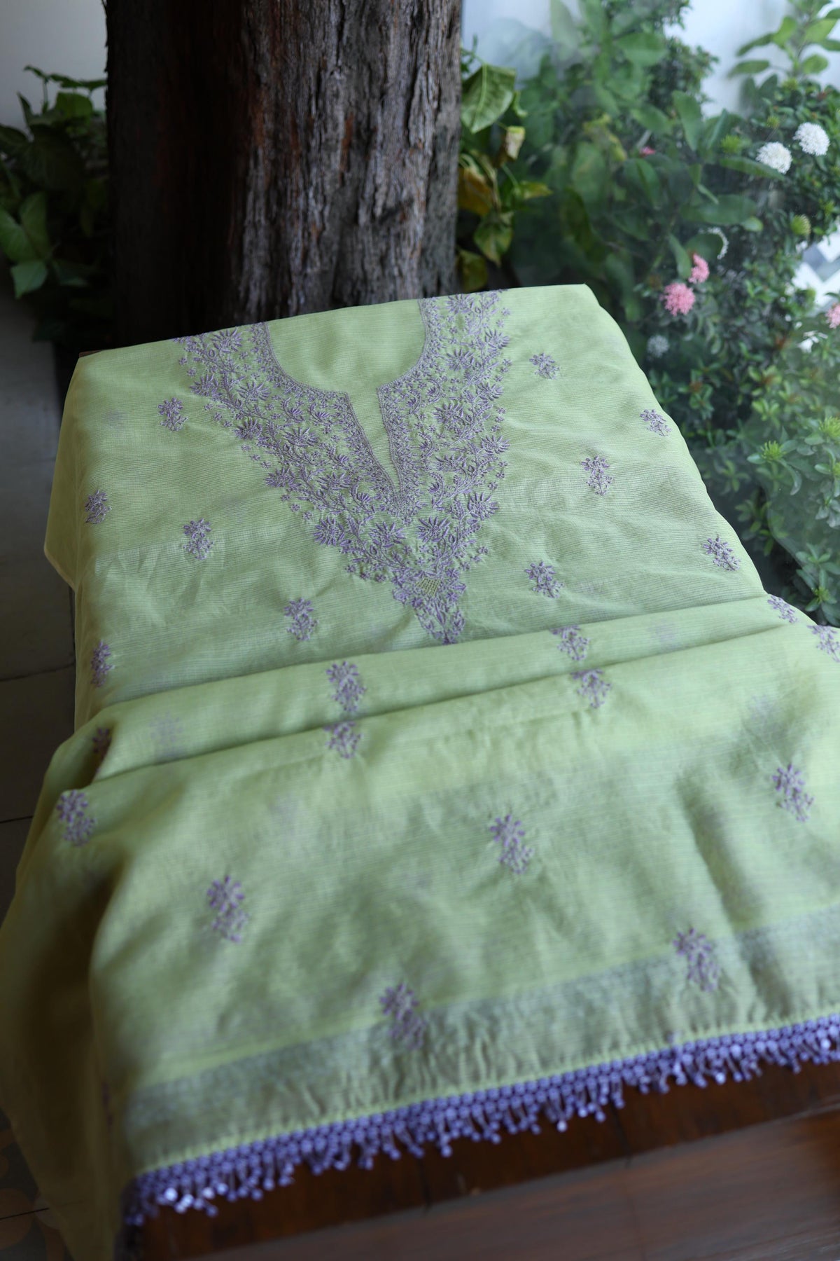 Olive Green & Lavender Shade Kota Chikankari Unstitched Suit Fabric
