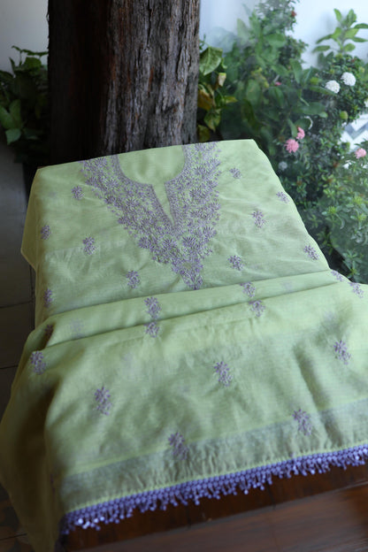 Olive Green & Lavender Shade Kota Chikankari Unstitched Suit Fabric