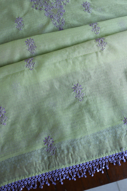 Olive Green & Lavender Shade Kota Chikankari Unstitched Suit Fabric
