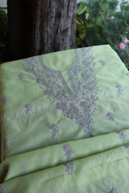 Olive Green & Lavender Shade Kota Chikankari Unstitched Suit Fabric