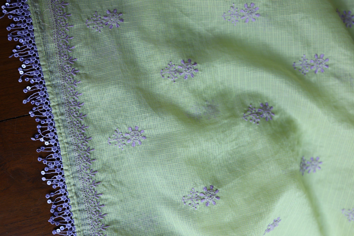 Olive Green & Lavender Shade Kota Chikankari Unstitched Suit Fabric