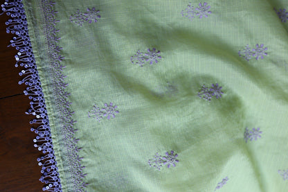 Olive Green & Lavender Shade Kota Chikankari Unstitched Suit Fabric