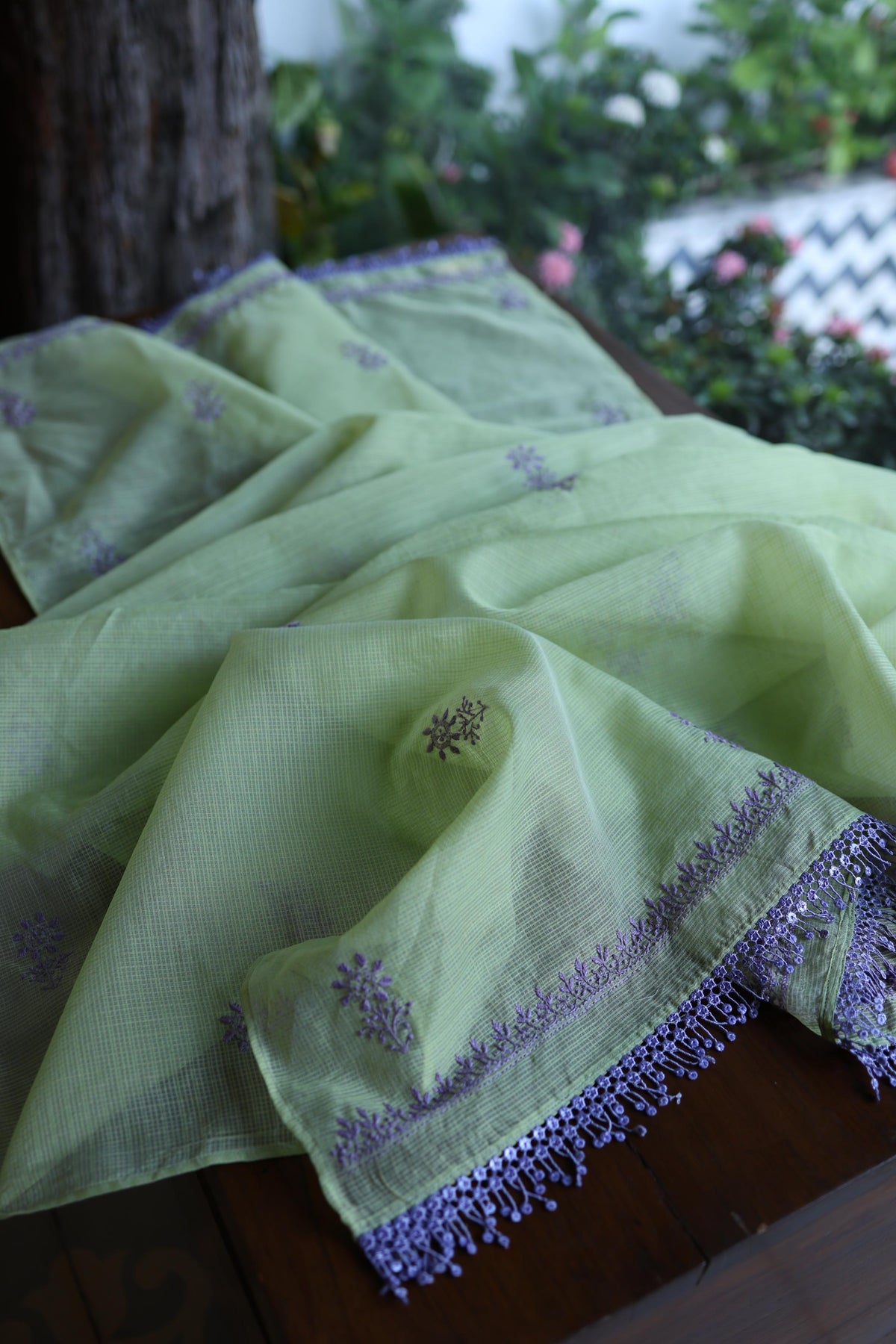 Olive Green & Lavender Shade Kota Chikankari Unstitched Suit Fabric