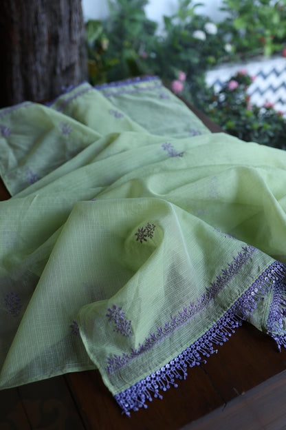 Olive Green & Lavender Shade Kota Chikankari Unstitched Suit Fabric