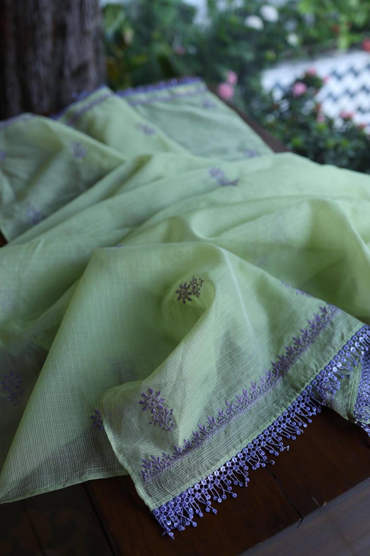 Olive Green & Lavender Shade Kota Chikankari Unstitched Suit Fabric