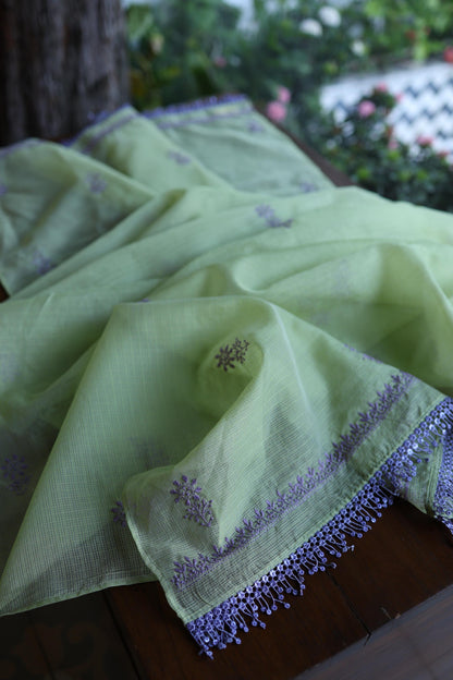 Olive Green & Lavender Shade Kota Chikankari Unstitched Suit Fabric