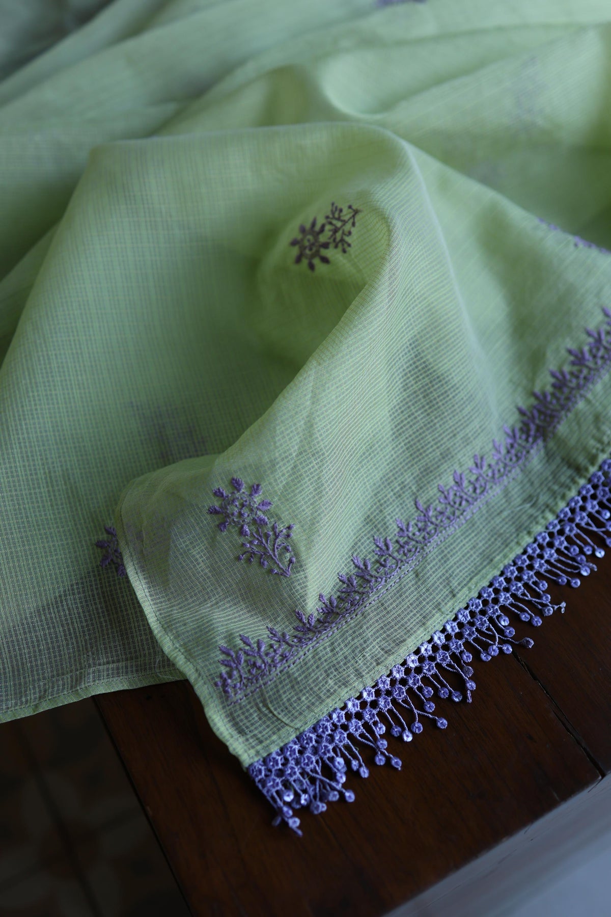 Olive Green & Lavender Shade Kota Chikankari Unstitched Suit Fabric