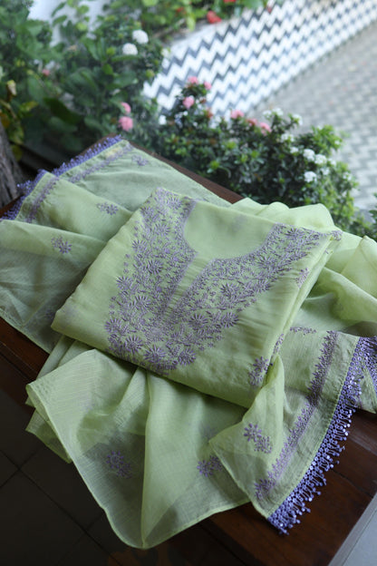 Olive Green & Lavender Shade Kota Chikankari Unstitched Suit Fabric