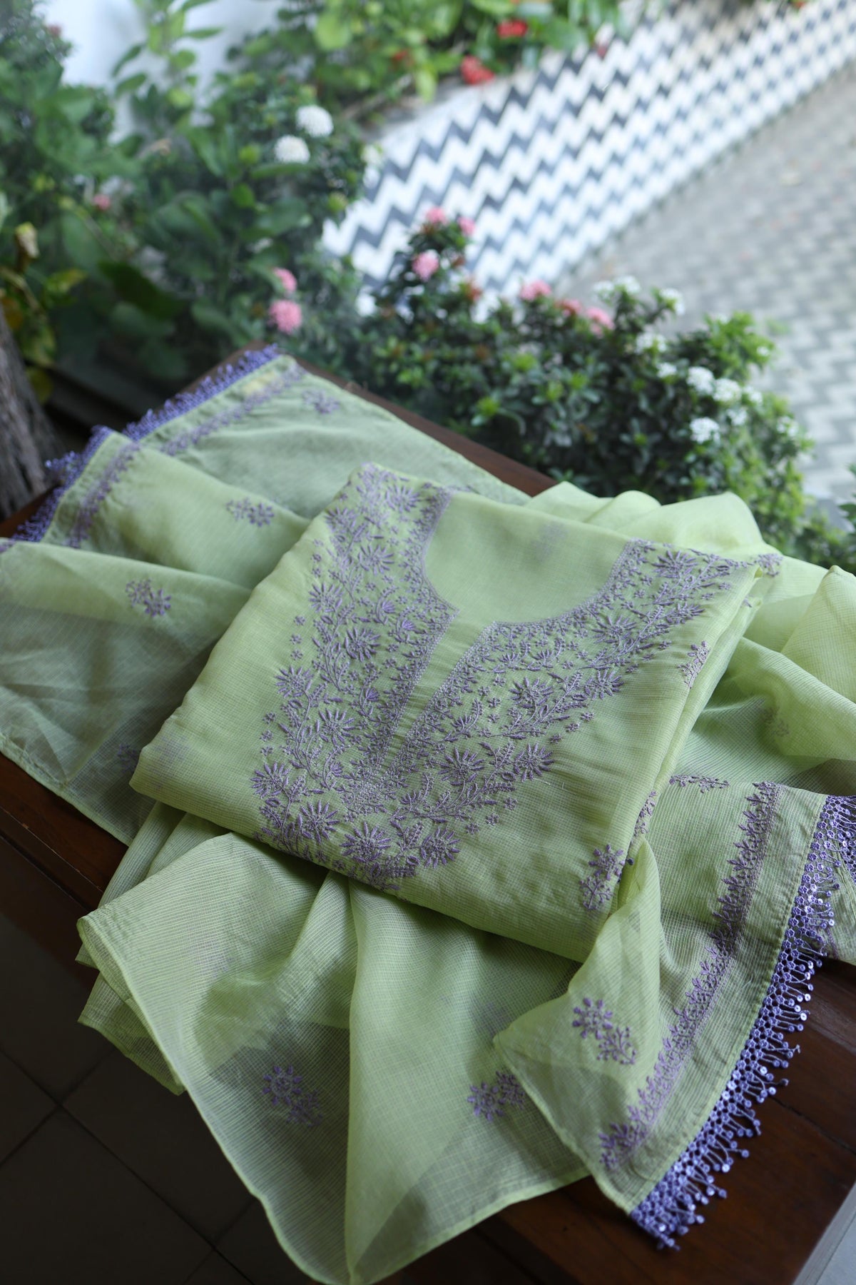 Olive Green & Lavender Shade Kota Chikankari Unstitched Suit Fabric