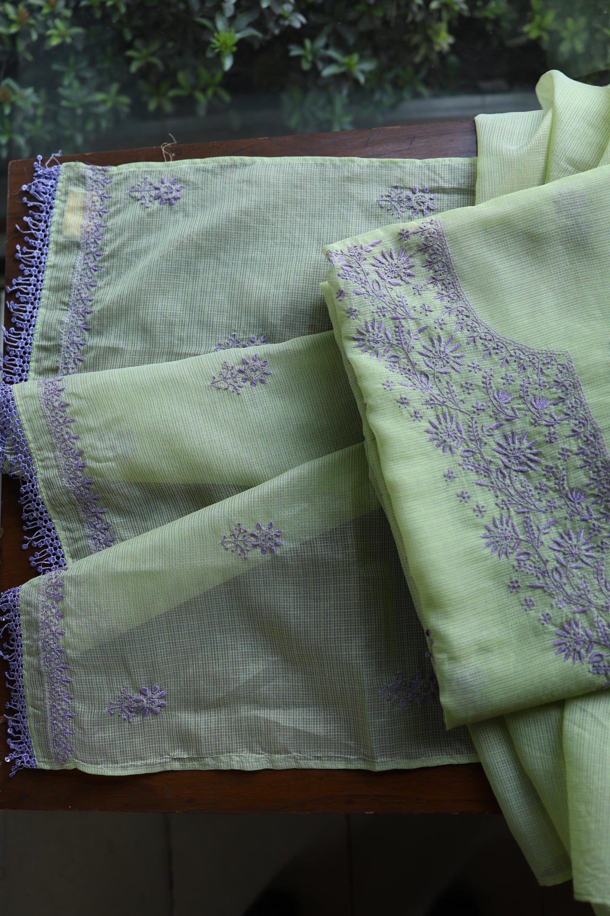 Olive Green & Lavender Shade Kota Chikankari Unstitched Suit Fabric