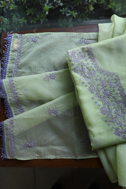 Olive Green & Lavender Shade Kota Chikankari Unstitched Suit Fabric