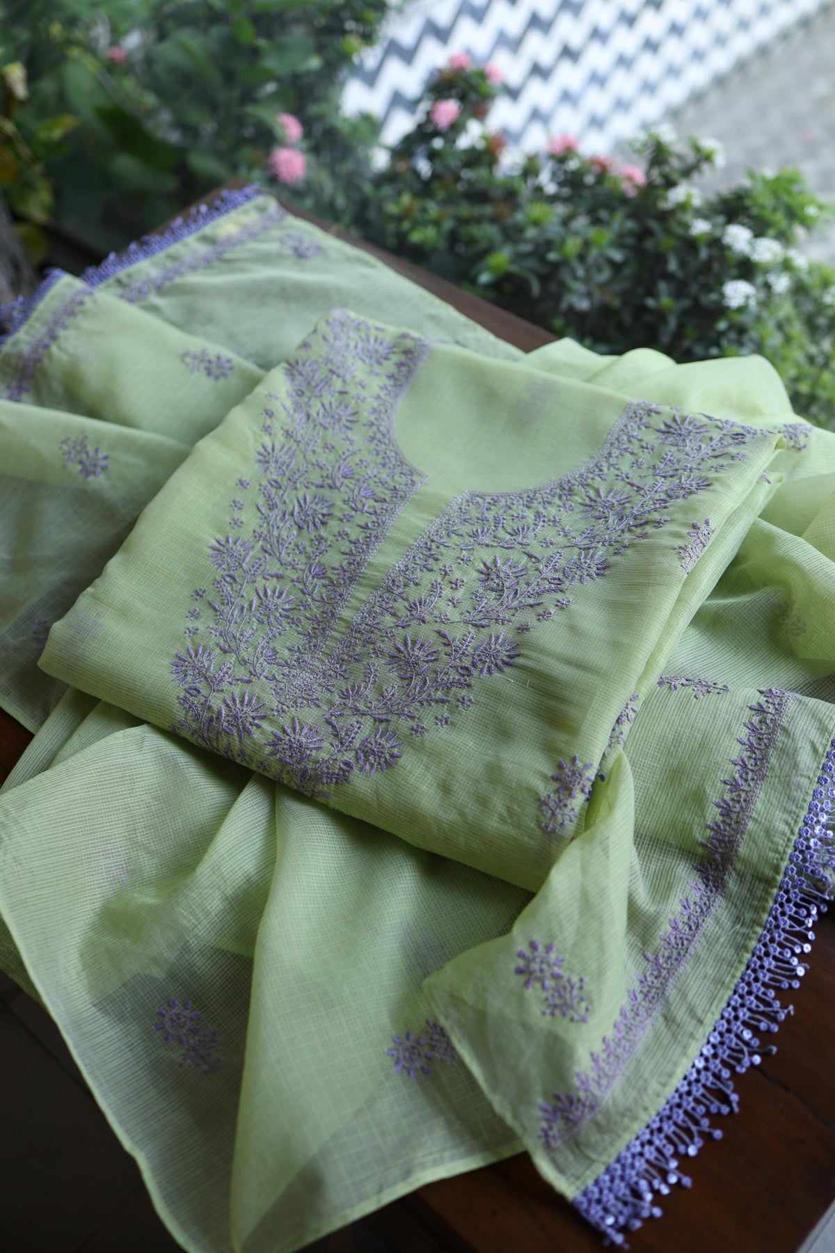 Olive Green & Lavender Shade Kota Chikankari Unstitched Suit Fabric
