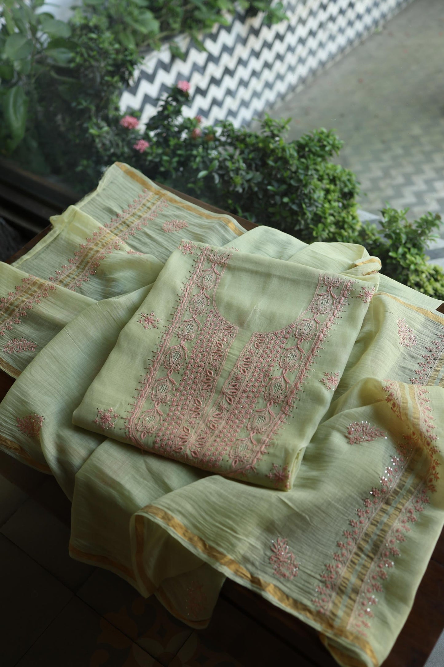 Olive Green & Peach Shade Mal Cotton Chikankari Unstitched Kurta Dupatta Fabric With Kamdani