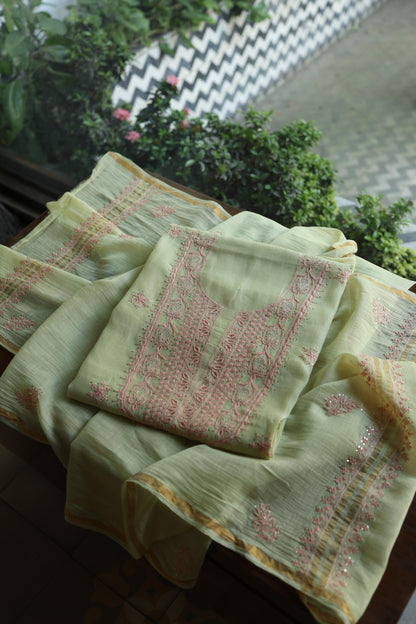 Olive Green & Peach Shade Mal Cotton Chikankari Unstitched Kurta Dupatta Fabric With Kamdani