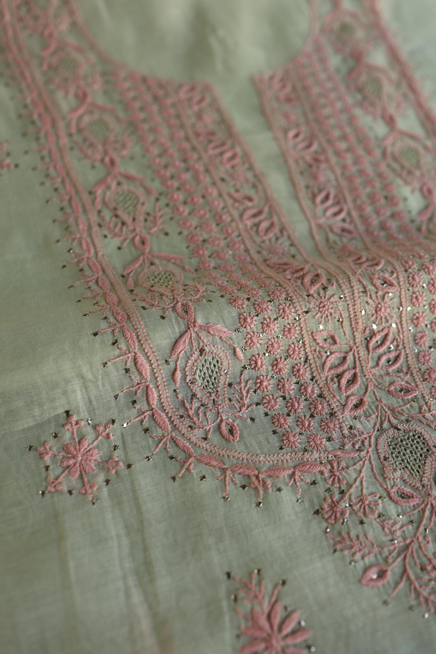 Olive Green & Peach Shade Mal Cotton Chikankari Unstitched Kurta Dupatta Fabric With Kamdani