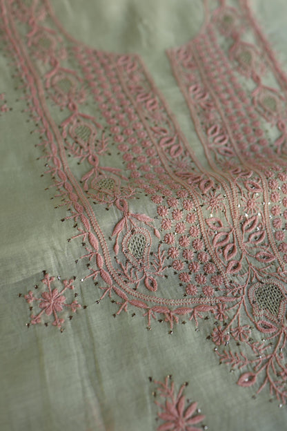Olive Green & Peach Shade Mal Cotton Chikankari Unstitched Kurta Dupatta Fabric With Kamdani