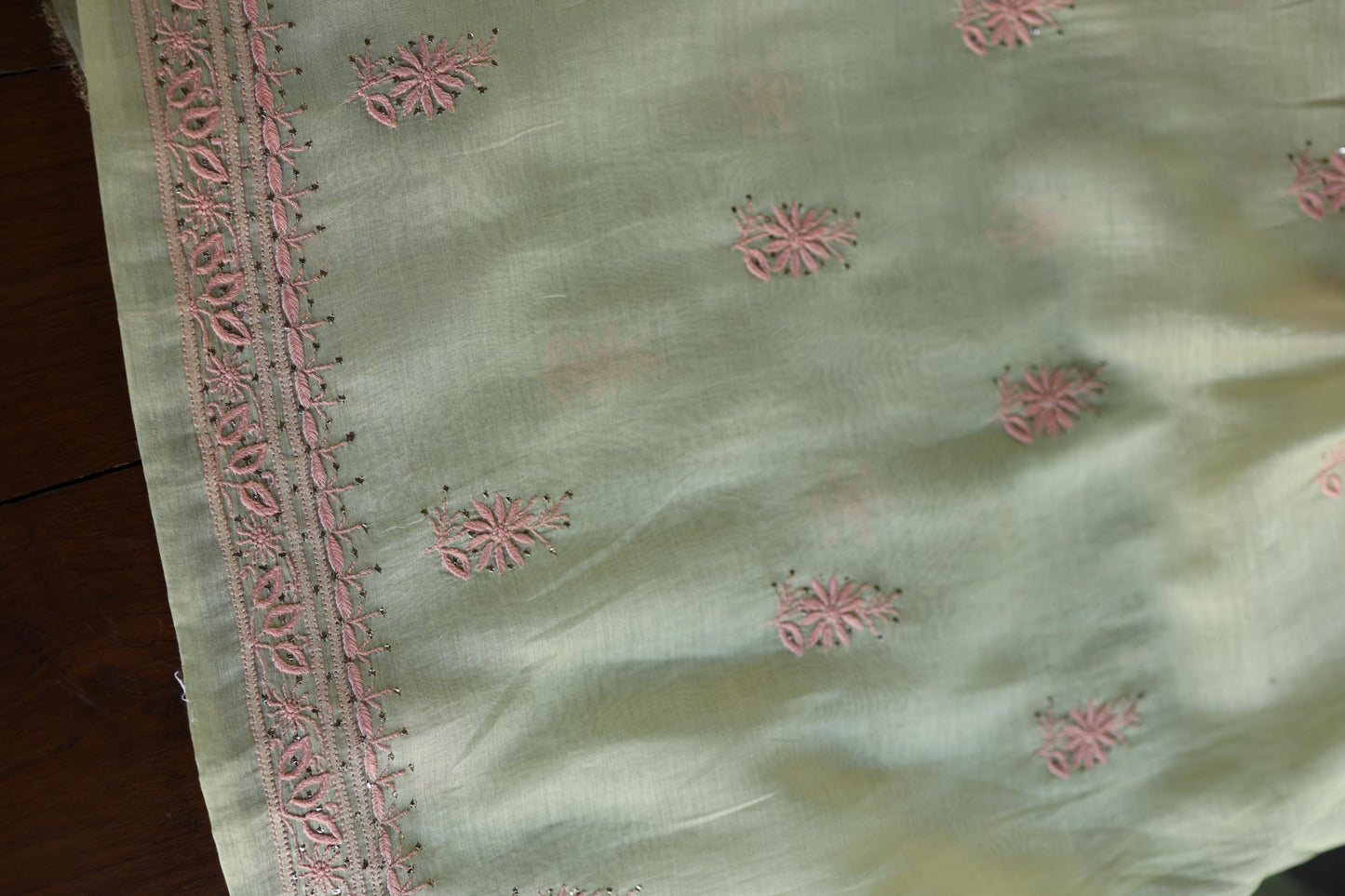Olive Green & Peach Shade Mal Cotton Chikankari Unstitched Kurta Dupatta Fabric With Kamdani