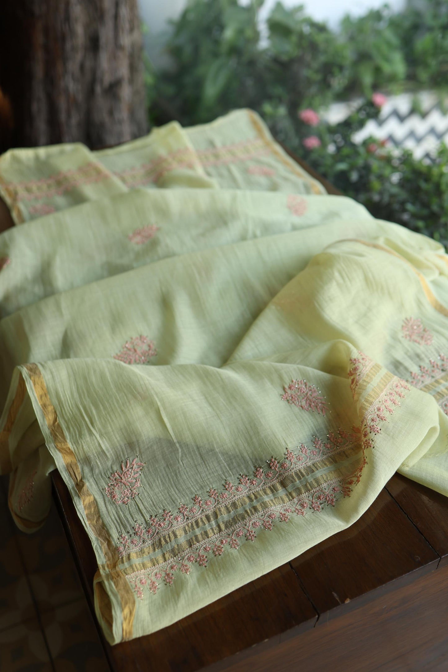 Olive Green & Peach Shade Mal Cotton Chikankari Unstitched Kurta Dupatta Fabric With Kamdani