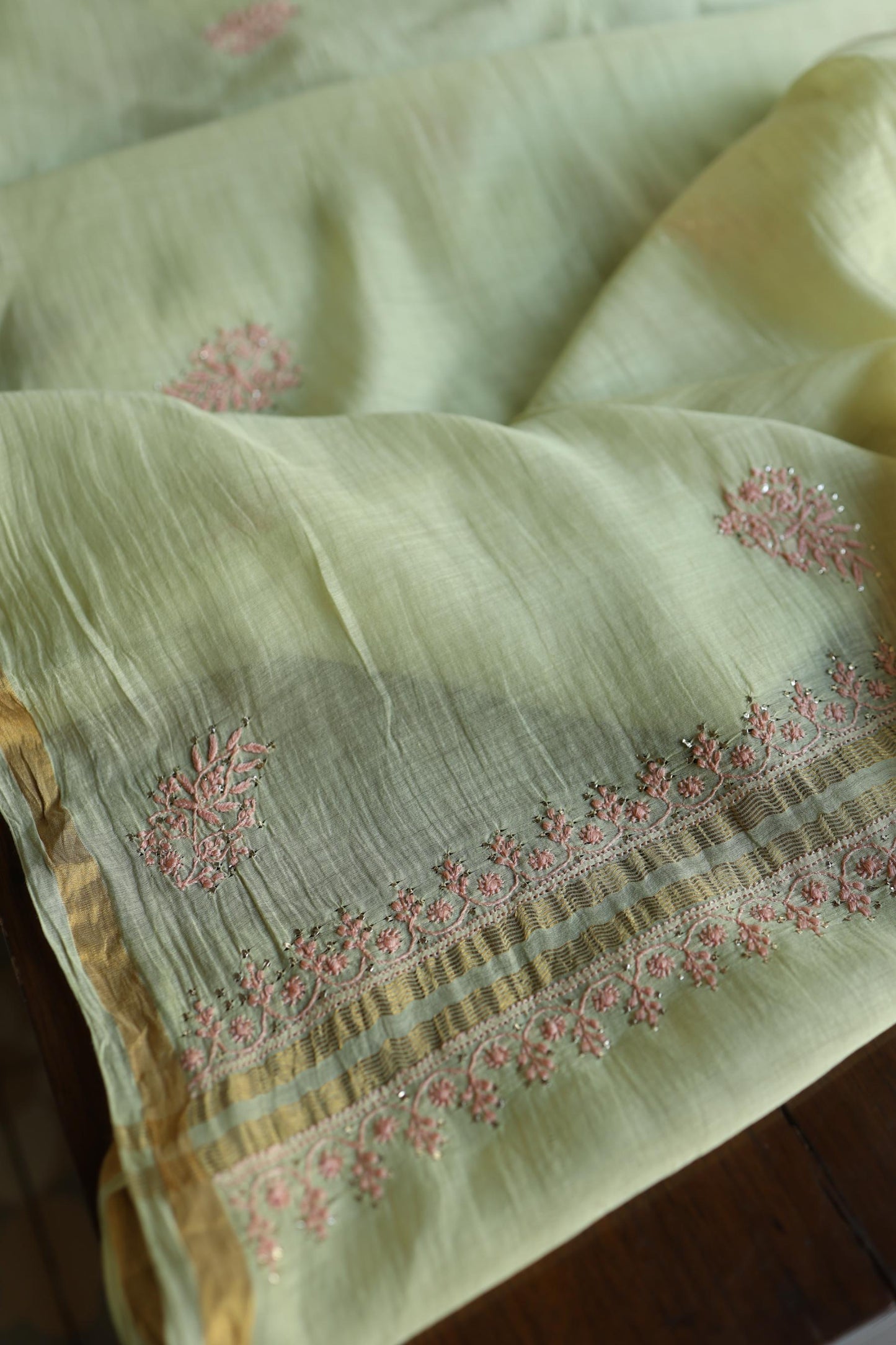 Olive Green & Peach Shade Mal Cotton Chikankari Unstitched Kurta Dupatta Fabric With Kamdani
