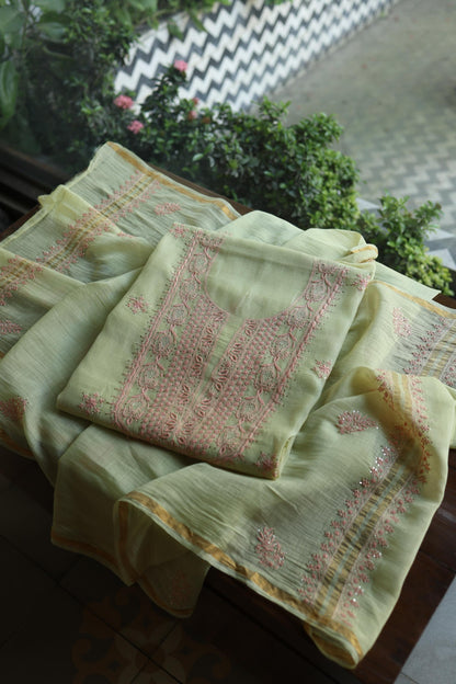 Olive Green & Peach Shade Mal Cotton Chikankari Unstitched Kurta Dupatta Fabric With Kamdani