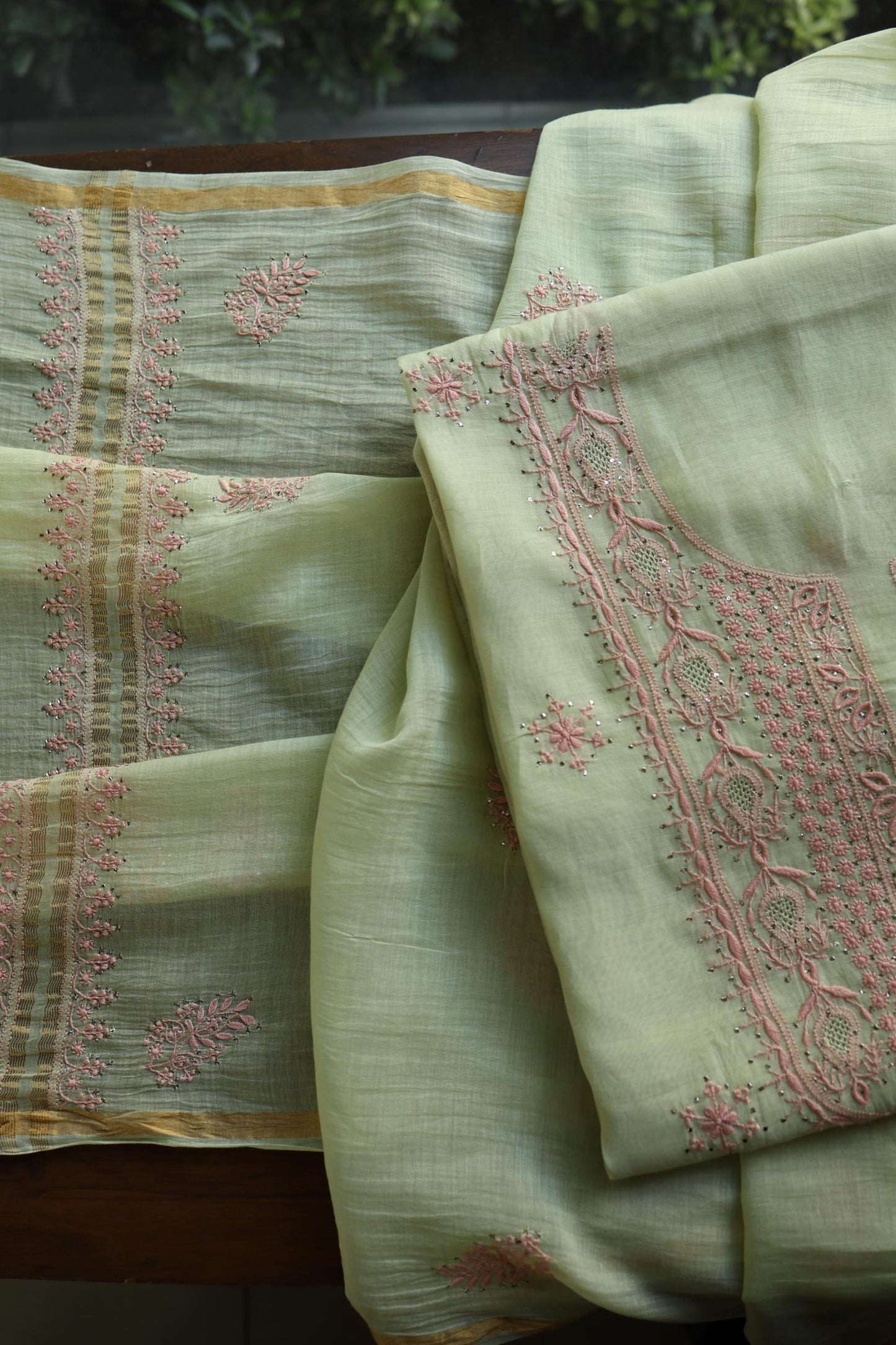 Olive Green & Peach Shade Mal Cotton Chikankari Unstitched Kurta Dupatta Fabric With Kamdani