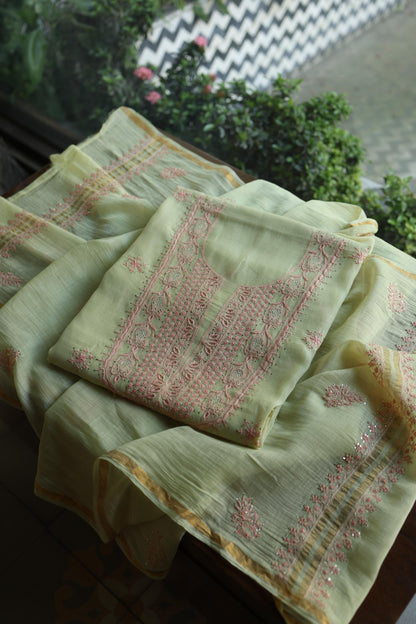 Olive Green & Peach Shade Mal Cotton Chikankari Unstitched Kurta Dupatta Fabric With Kamdani