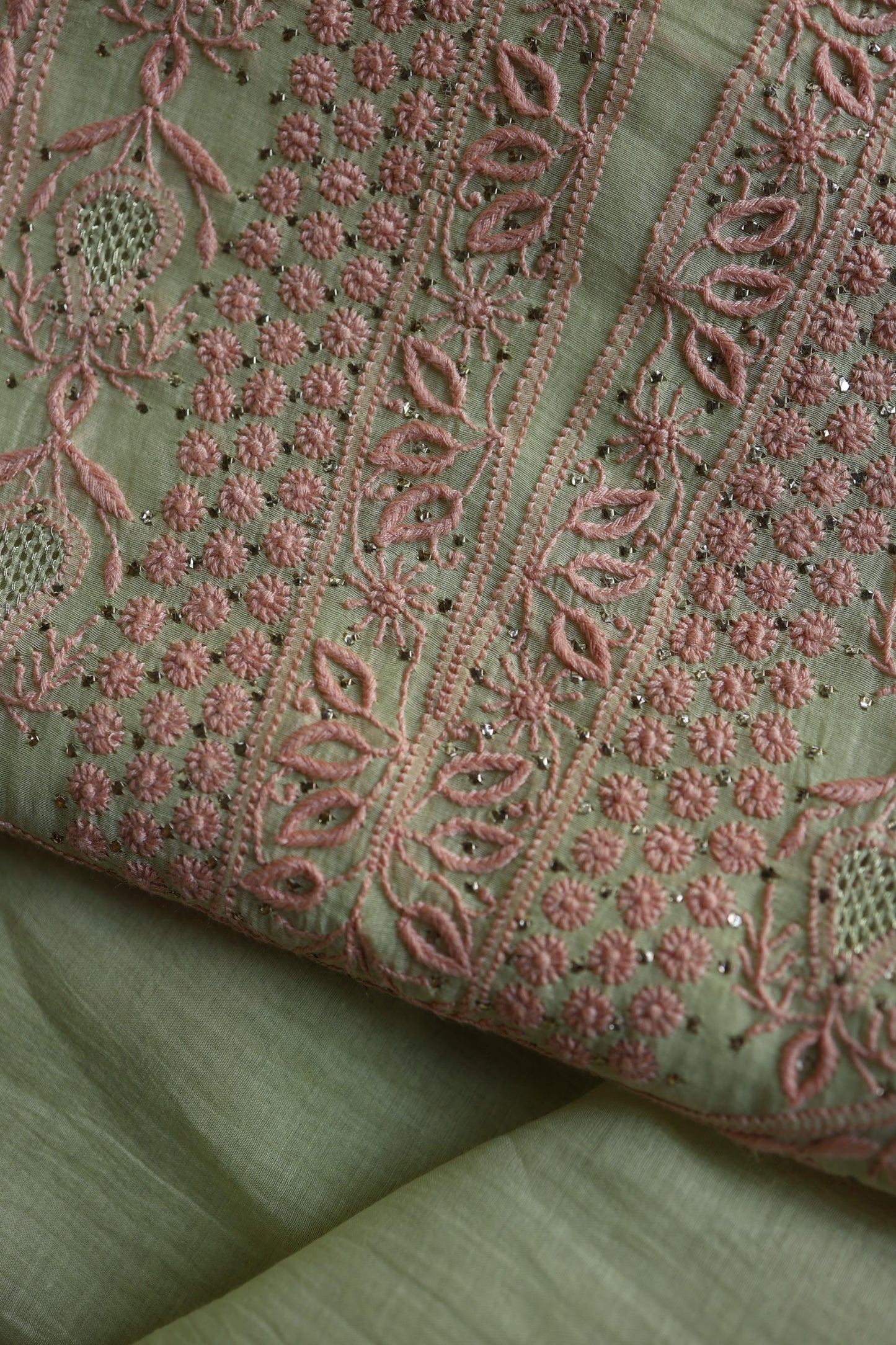 Olive Green & Peach Shade Mal Cotton Chikankari Unstitched Kurta Dupatta Fabric With Kamdani