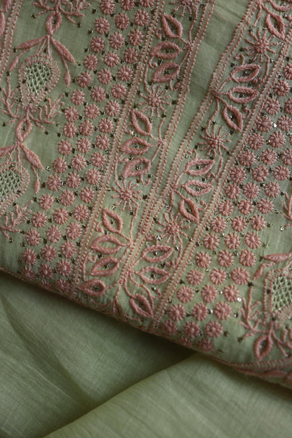 Olive Green & Peach Shade Mal Cotton Chikankari Unstitched Kurta Dupatta Fabric With Kamdani