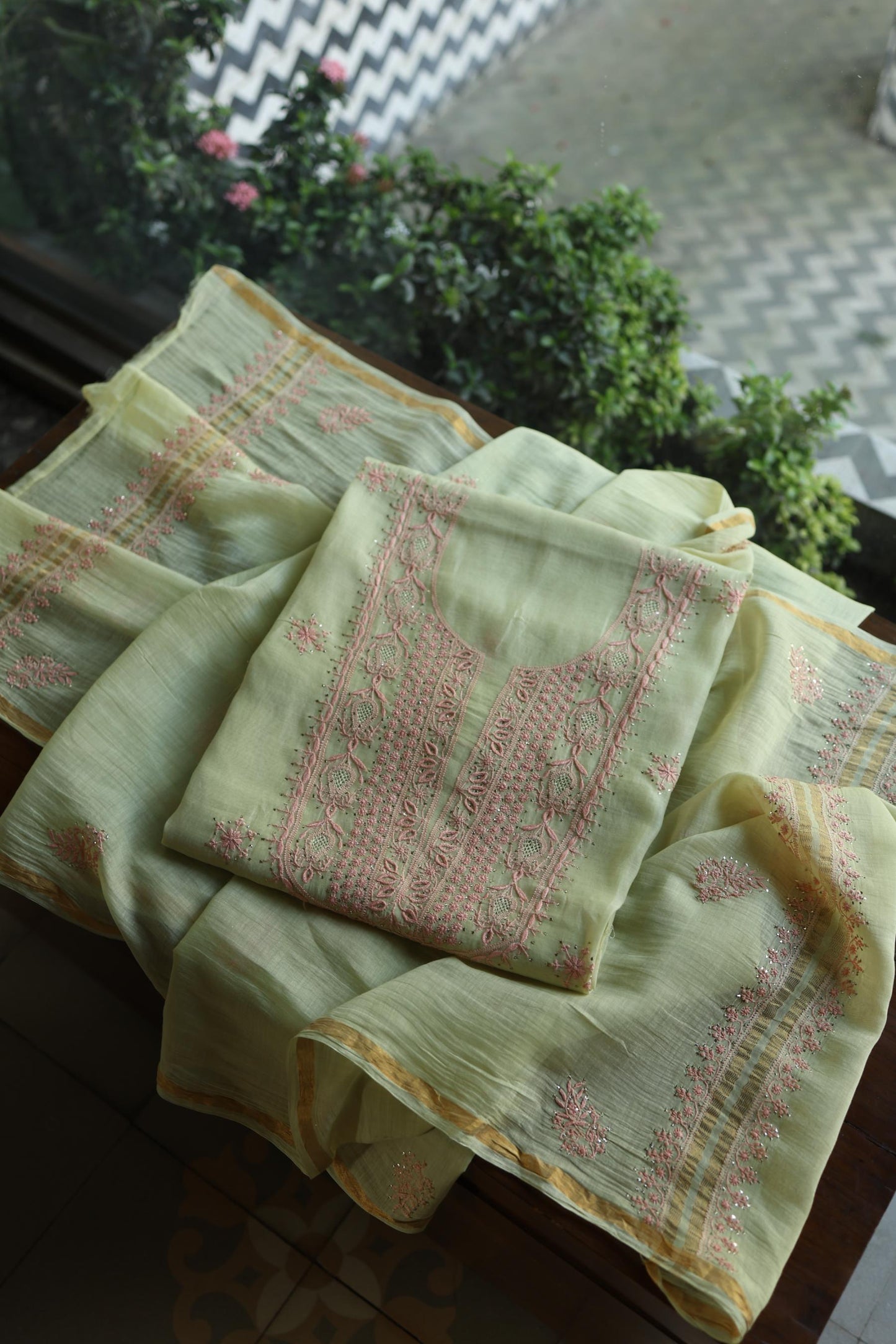 Olive Green & Peach Shade Mal Cotton Chikankari Unstitched Kurta Dupatta Fabric With Kamdani
