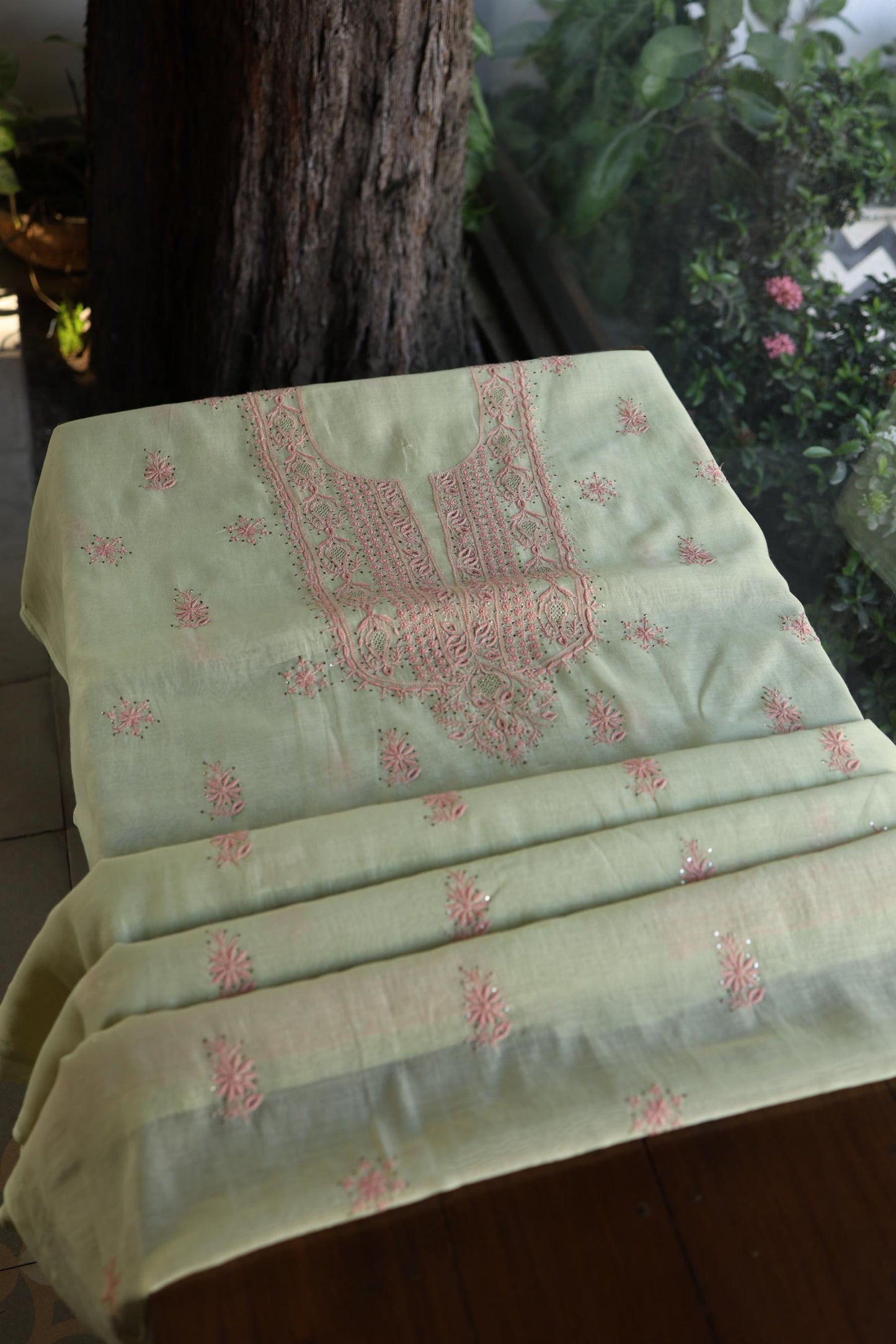 Olive Green & Peach Shade Mal Cotton Chikankari Unstitched Kurta Dupatta Fabric With Kamdani