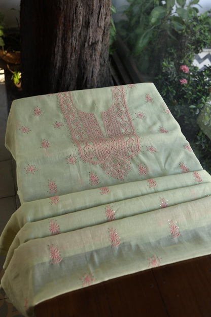 Olive Green & Peach Shade Mal Cotton Chikankari Unstitched Kurta Dupatta Fabric With Kamdani