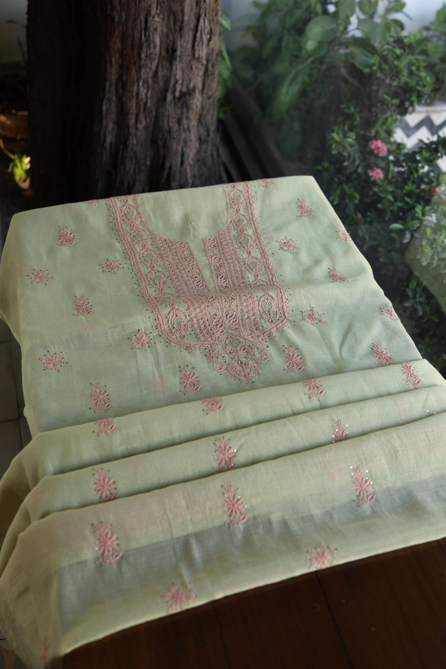 Olive Green & Peach Shade Mal Cotton Chikankari Unstitched Kurta Dupatta Fabric With Kamdani