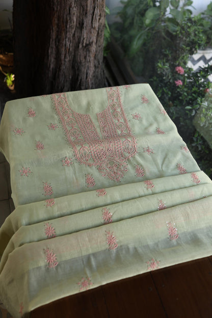 Olive Green & Peach Shade Mal Cotton Chikankari Unstitched Kurta Dupatta Fabric With Kamdani