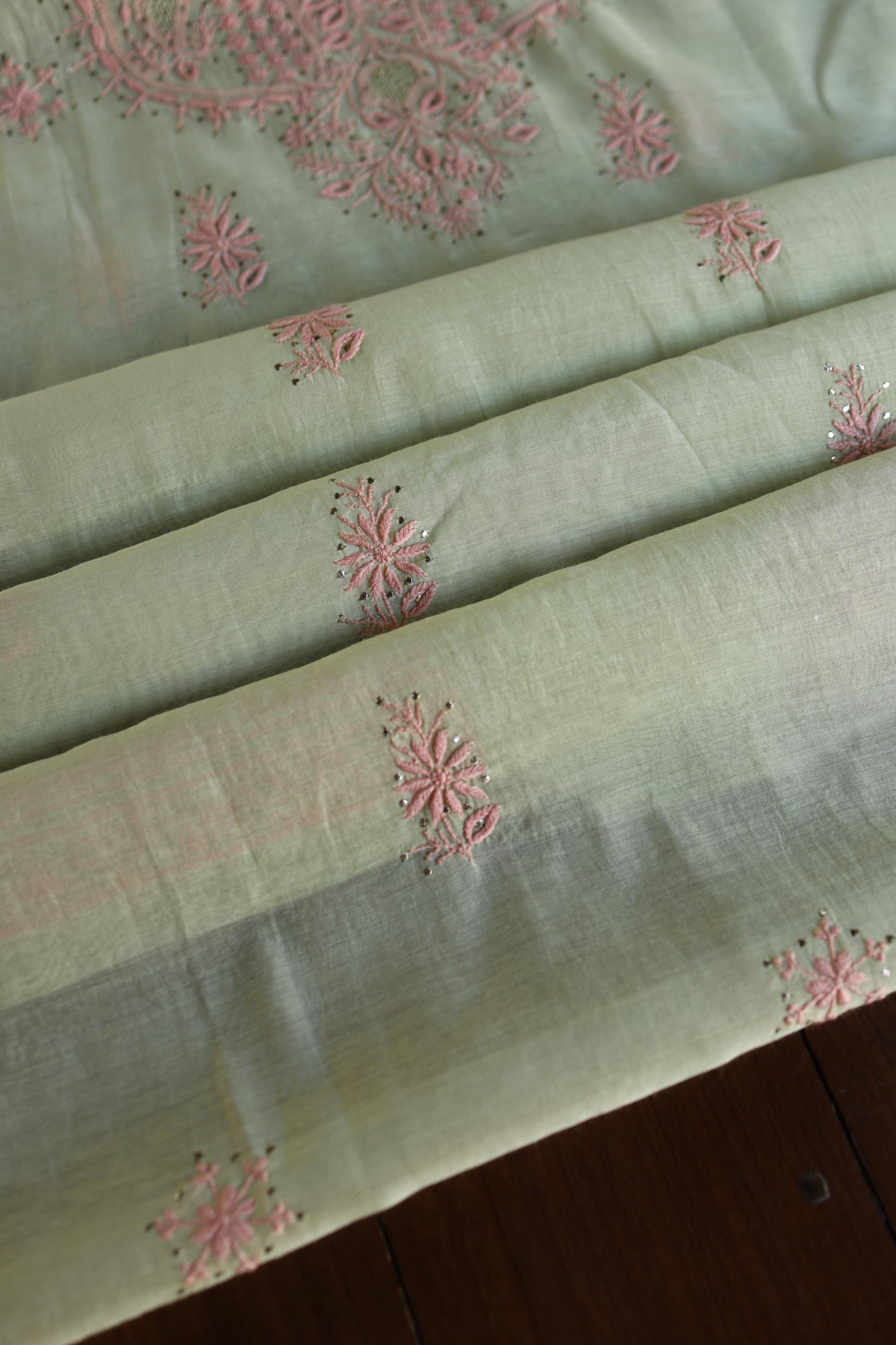 Olive Green & Peach Shade Mal Cotton Chikankari Unstitched Kurta Dupatta Fabric With Kamdani
