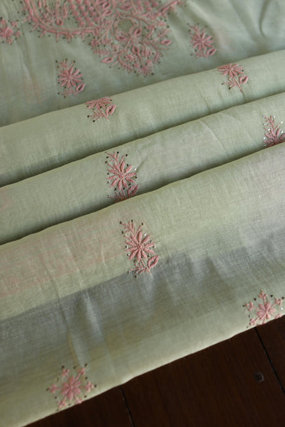 Olive Green & Peach Shade Mal Cotton Chikankari Unstitched Kurta Dupatta Fabric With Kamdani